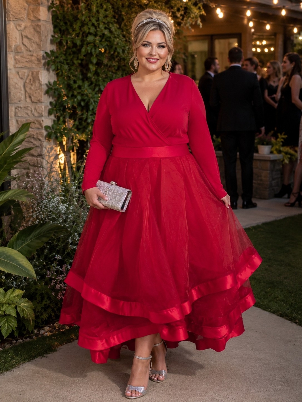 Ashley Stewart NEW Plus-Size 22: Red V-Neck Long Sleeve Tulle Midi Dress